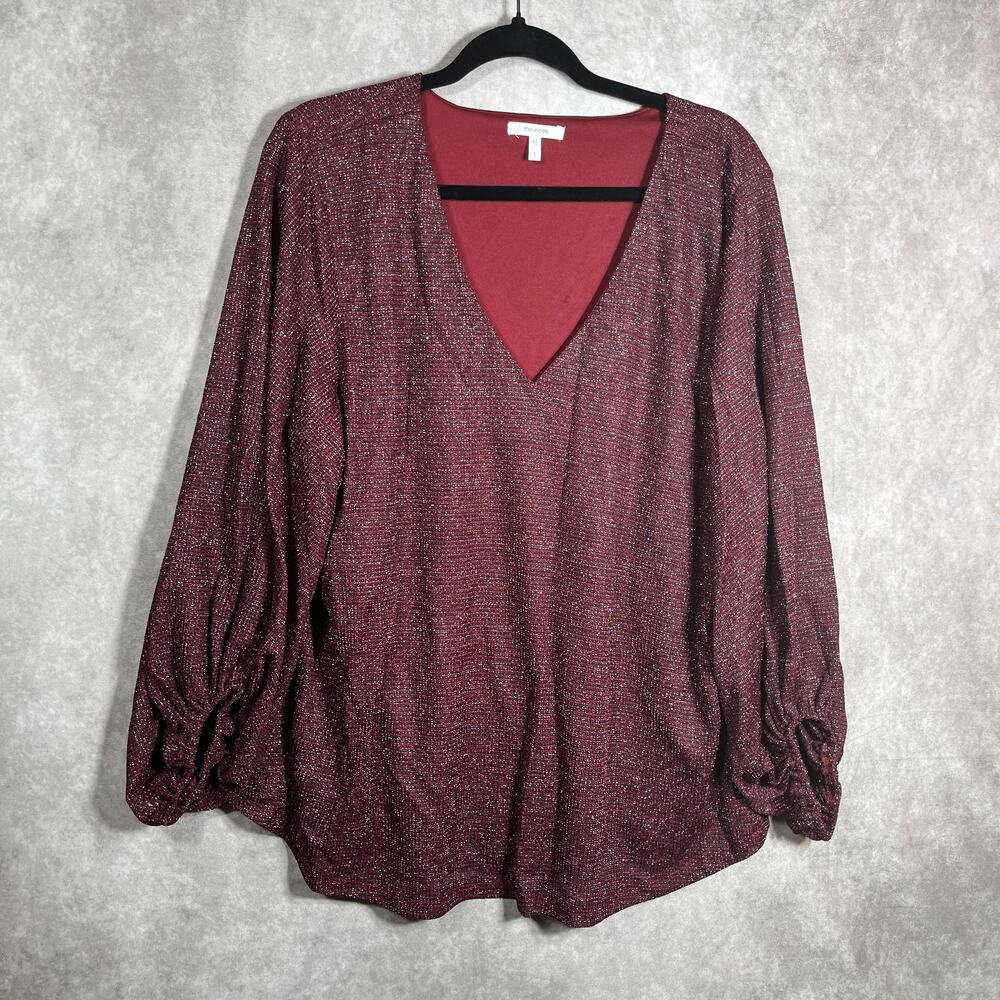 Maurice Blouse Womens Size‎ 1 Burgundy Sparkle Balloon Sleeves V-Neck Casual